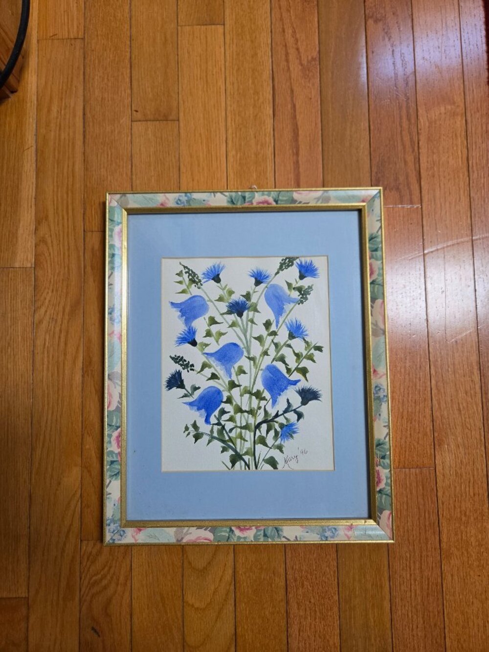 vintage framed watercolor painting with a bouquet of vibrant blue bellflowers